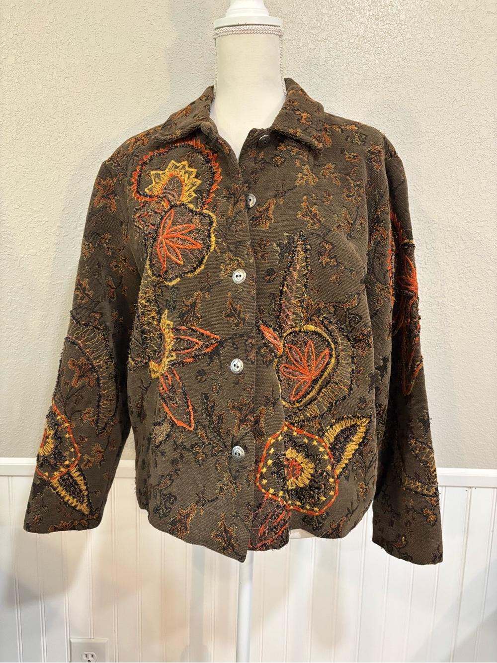 Coldwater Creek Petite Large Embroidered Appliqué Boho Jacket Brown Orange